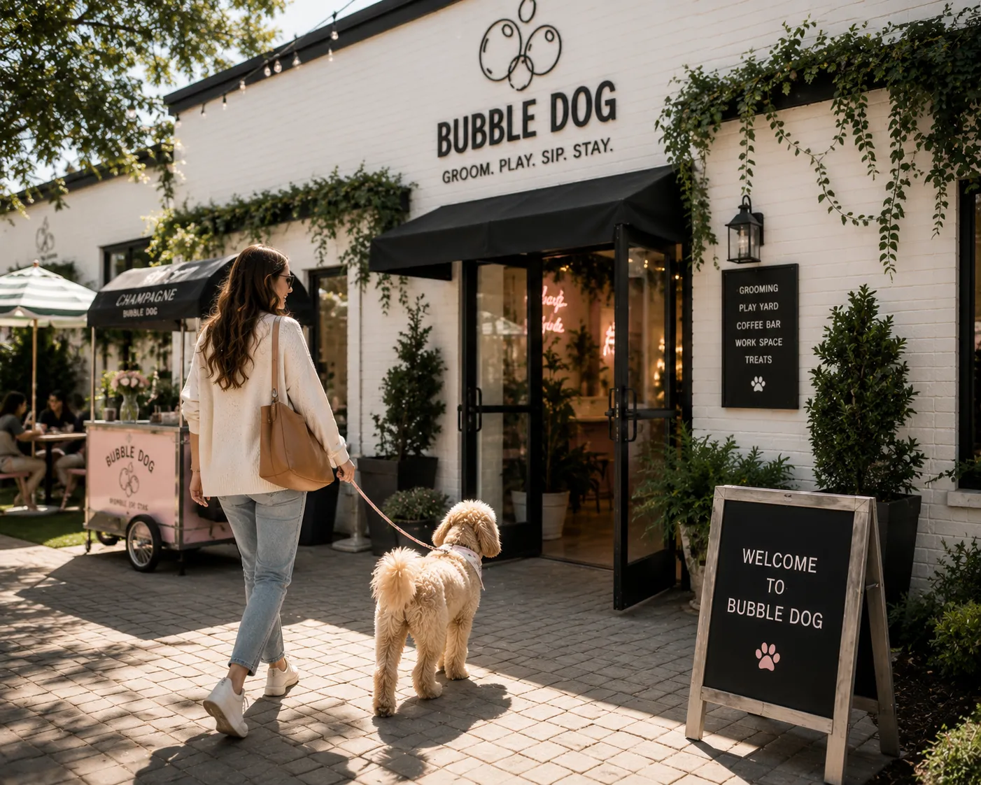 A woman and her freshly groomed doodle arriving at Bubble Dog
