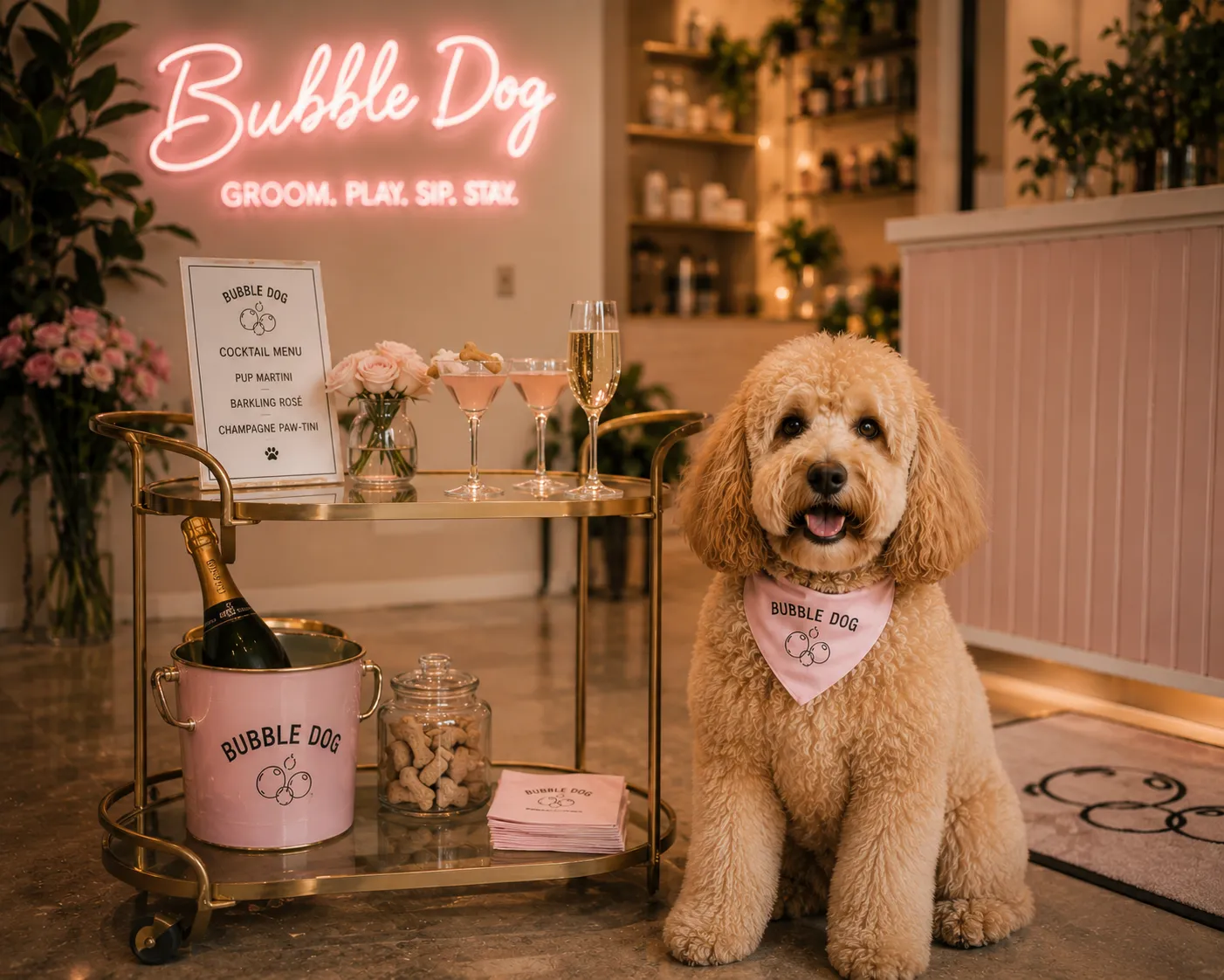 A guest and her doodle toasting at the outdoor Bubble Dog champagne cart