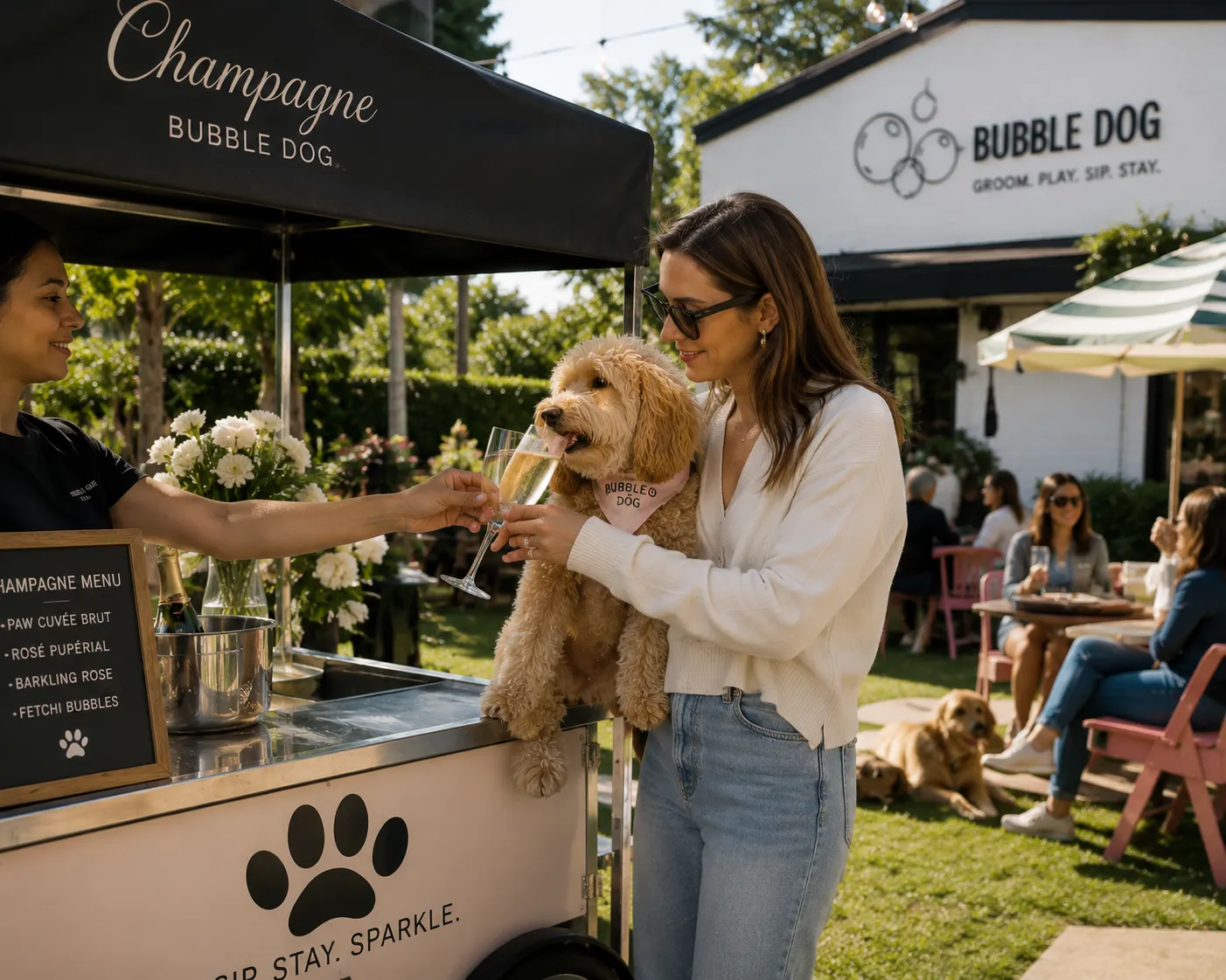 A coupe of champagne poured at Yappy Hour
