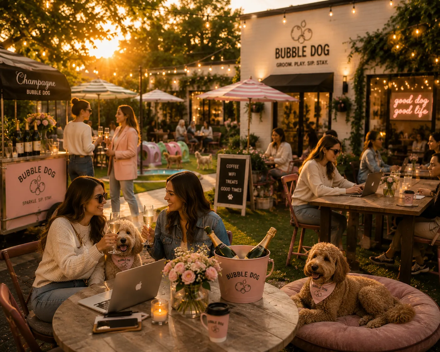 The garden patio glowing under string lights at golden hour