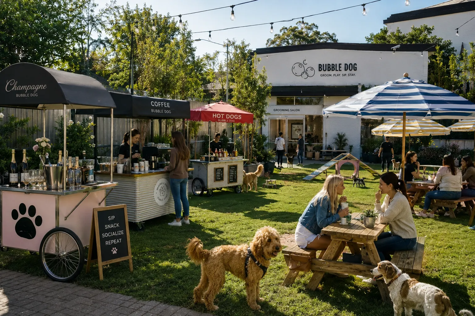 The full Bubble Dog garden with champagne, coffee and hot dog carts