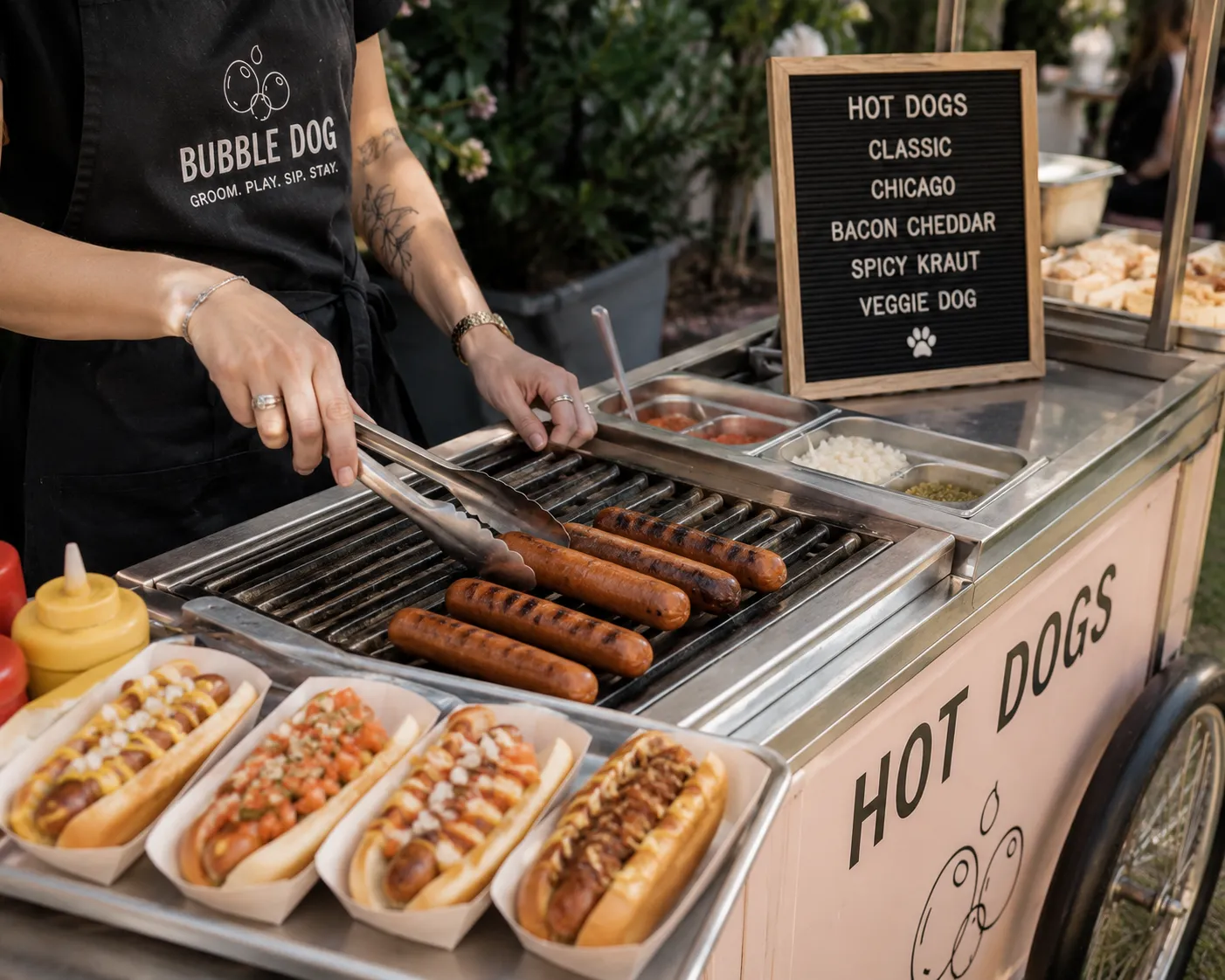 The coffee and hot dog carts under umbrellas in the garden