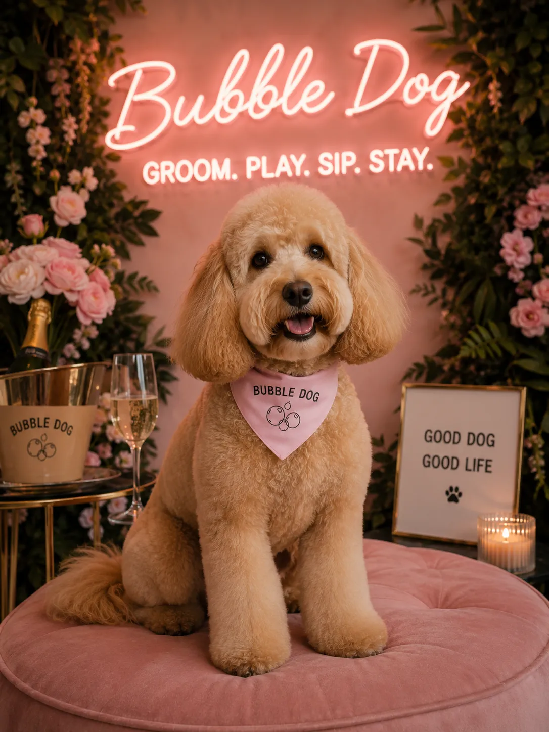 A freshly groomed doodle posing on a pink pouf under a neon sign