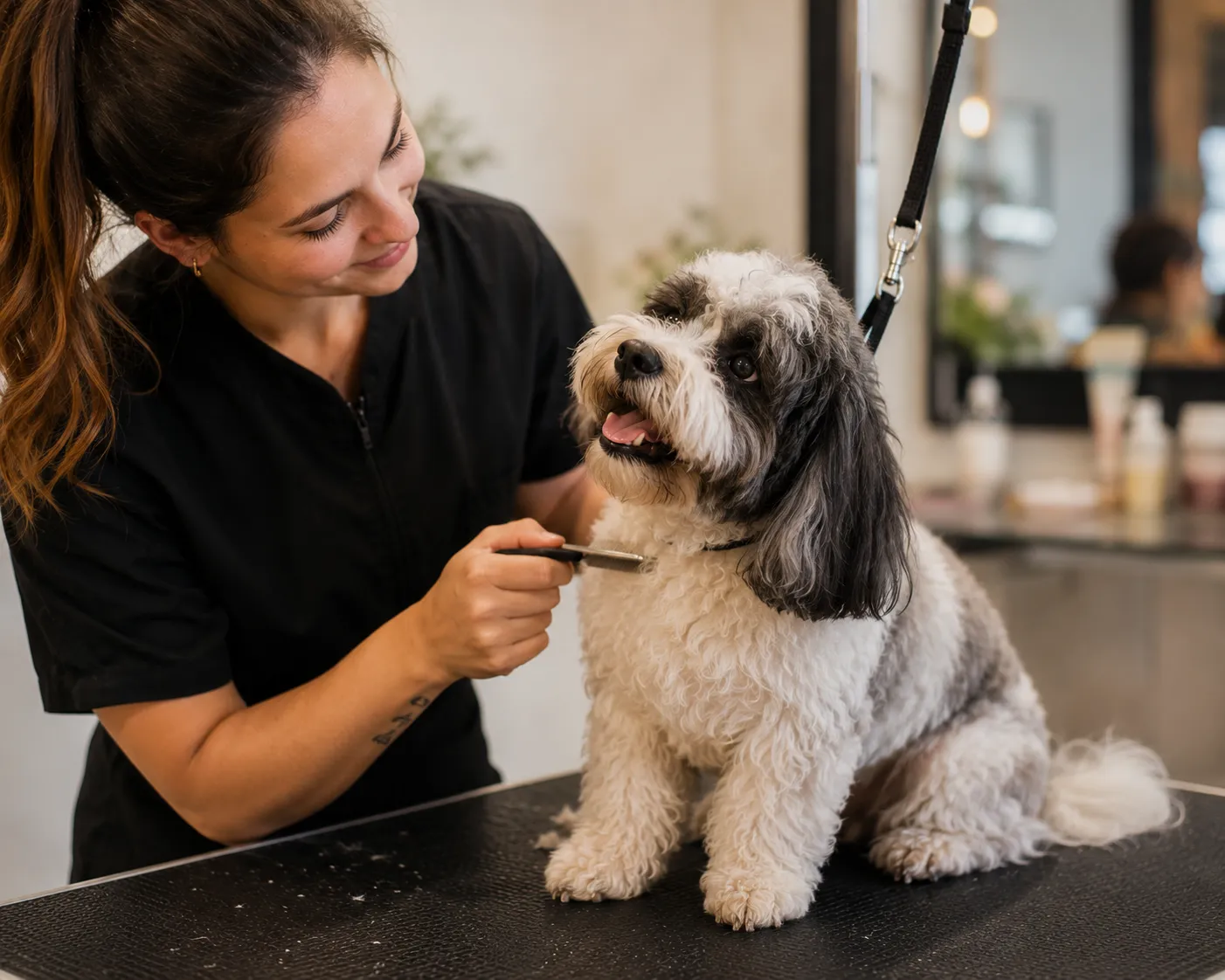 A groomer styling a fluffy dog on the table at Bubble Dog