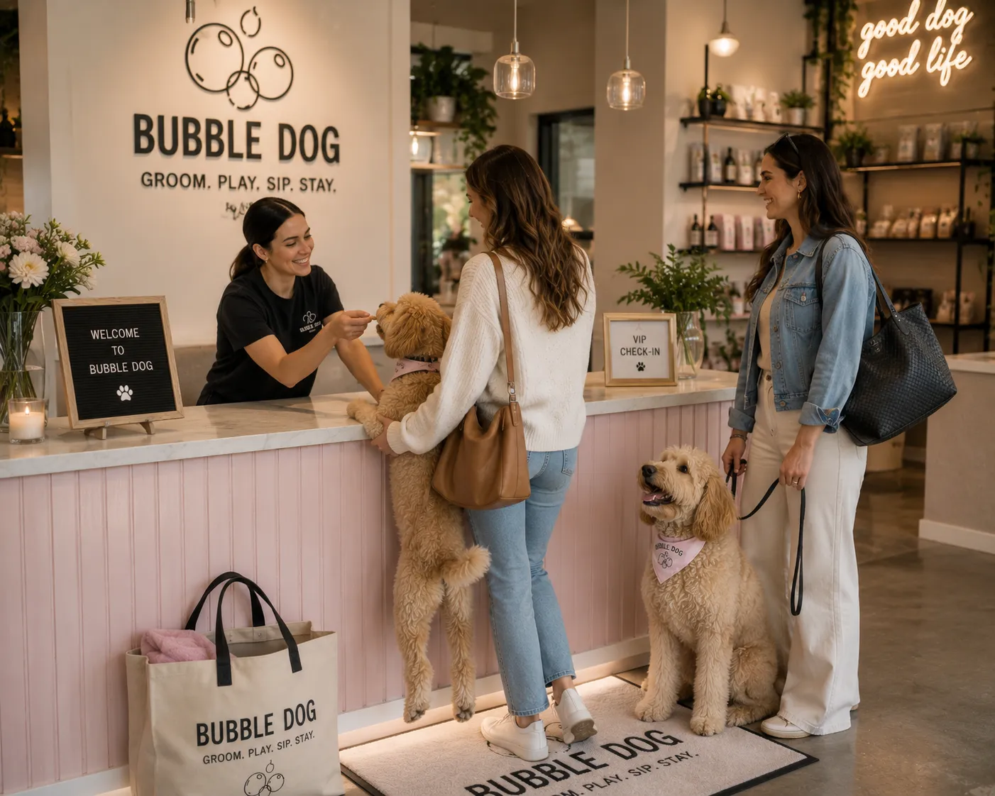 A guest and her doodle at the VIP check-in desk at Bubble Dog