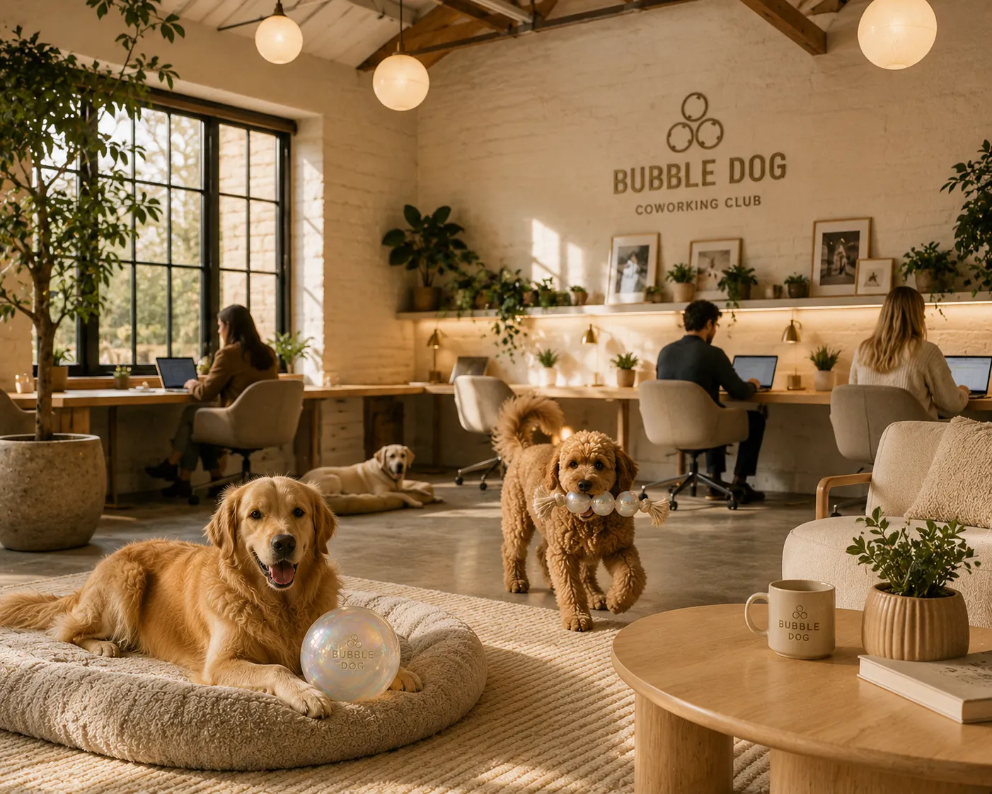 The warm coworking club lounge with golden doodles and soft seating
