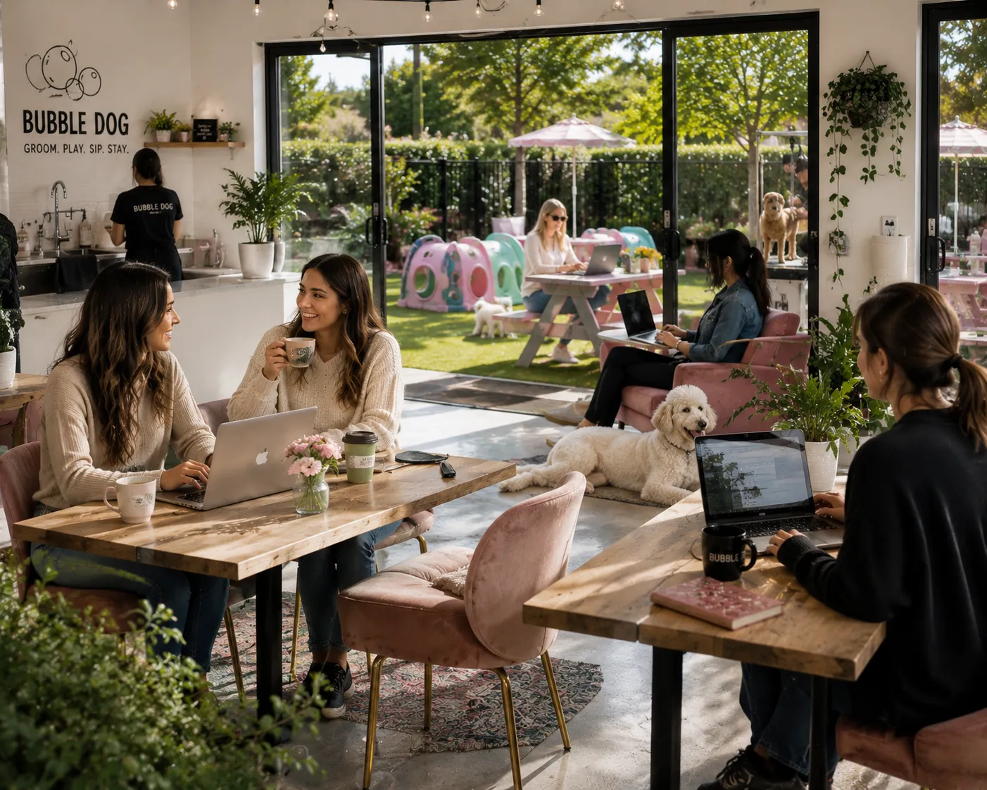 People co-working over coffee while dogs relax in the lounge