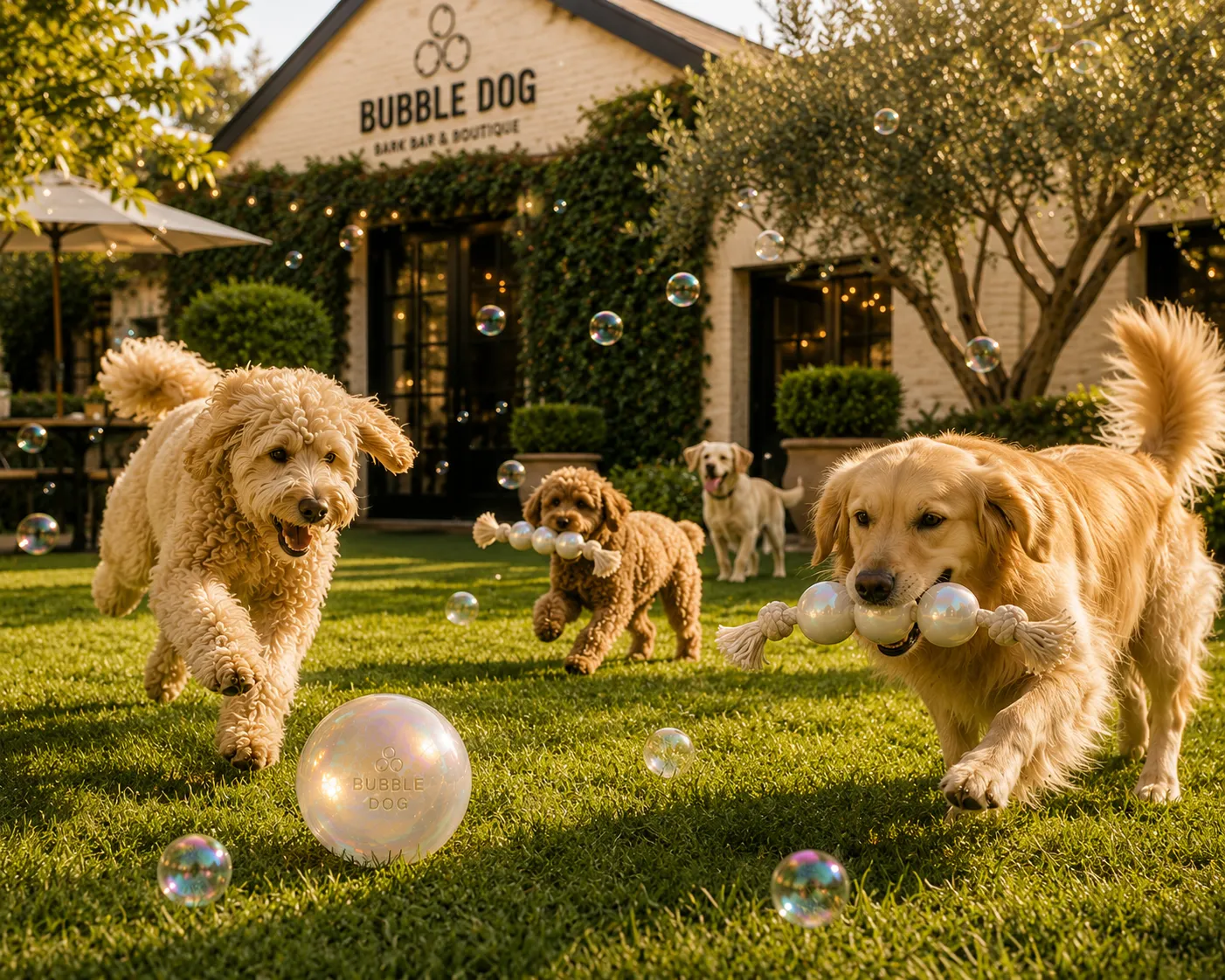 Doodles and golden retrievers chasing a Bubble Ball across the lawn