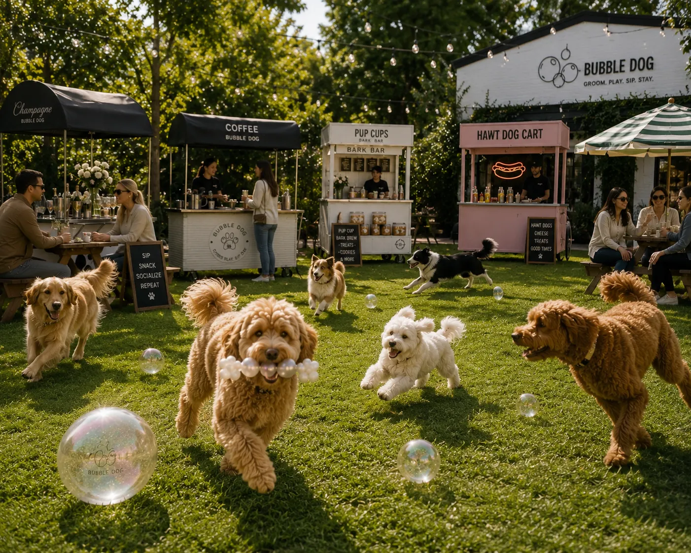 Dogs playing in the garden among the champagne, coffee and treat carts