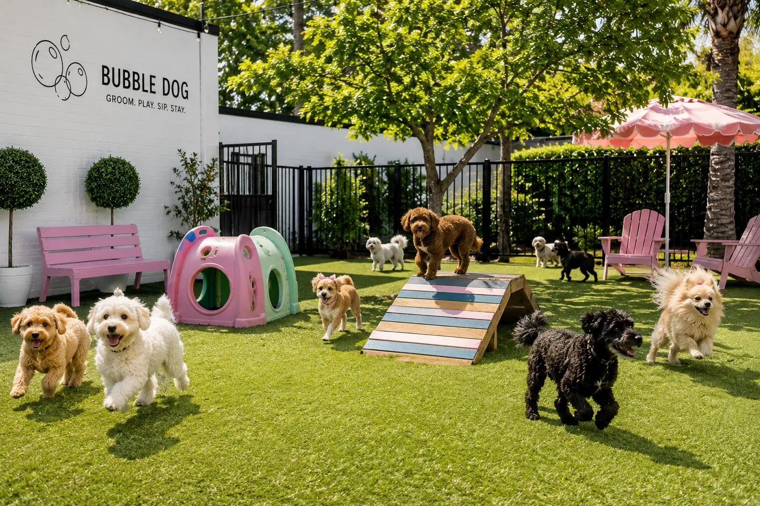 Small dogs playing on the lawn and agility ramp in the play yard