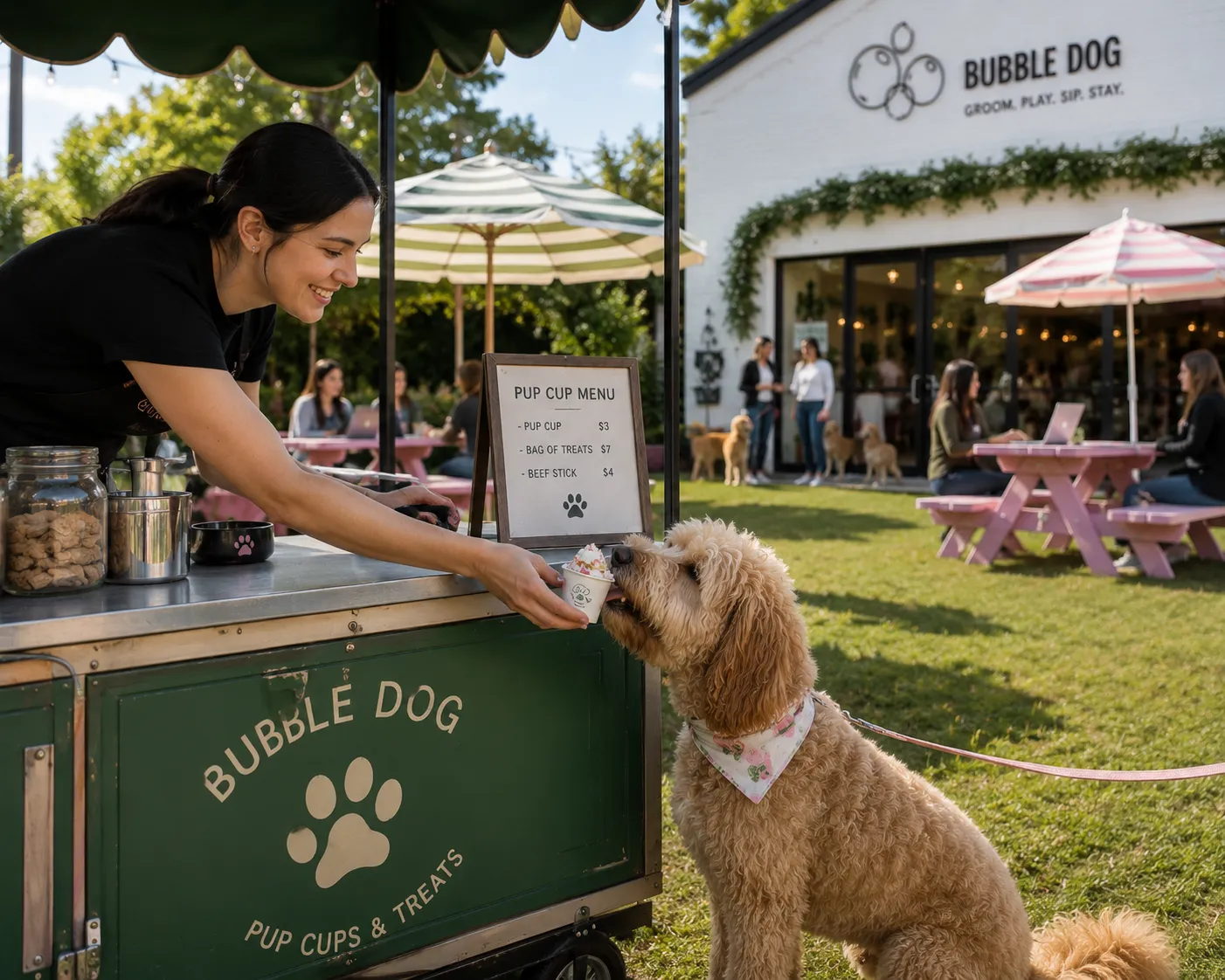 A doodle being handed a pup cup at the treats cart