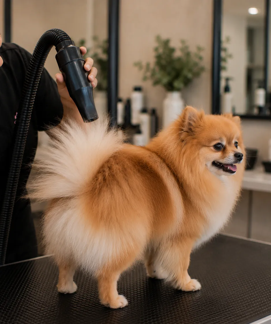 A Pomeranian being blow-dried to a fluffy finish at Bubble Dog