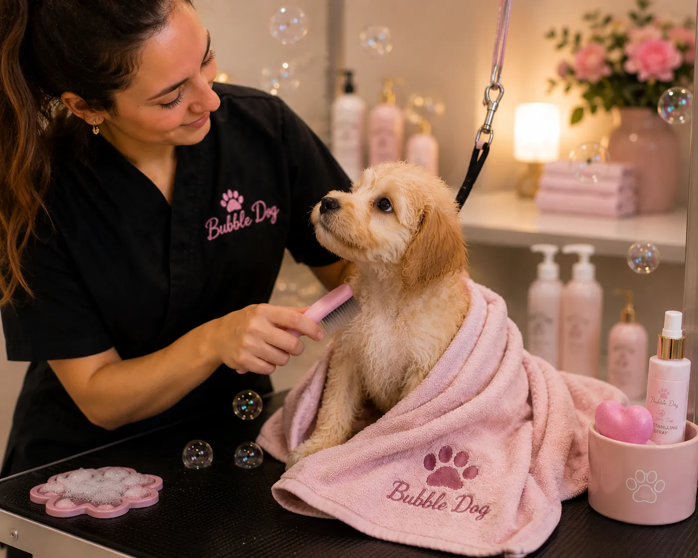 A doodle puppy wrapped in a pink Bubble Dog towel being gently combed