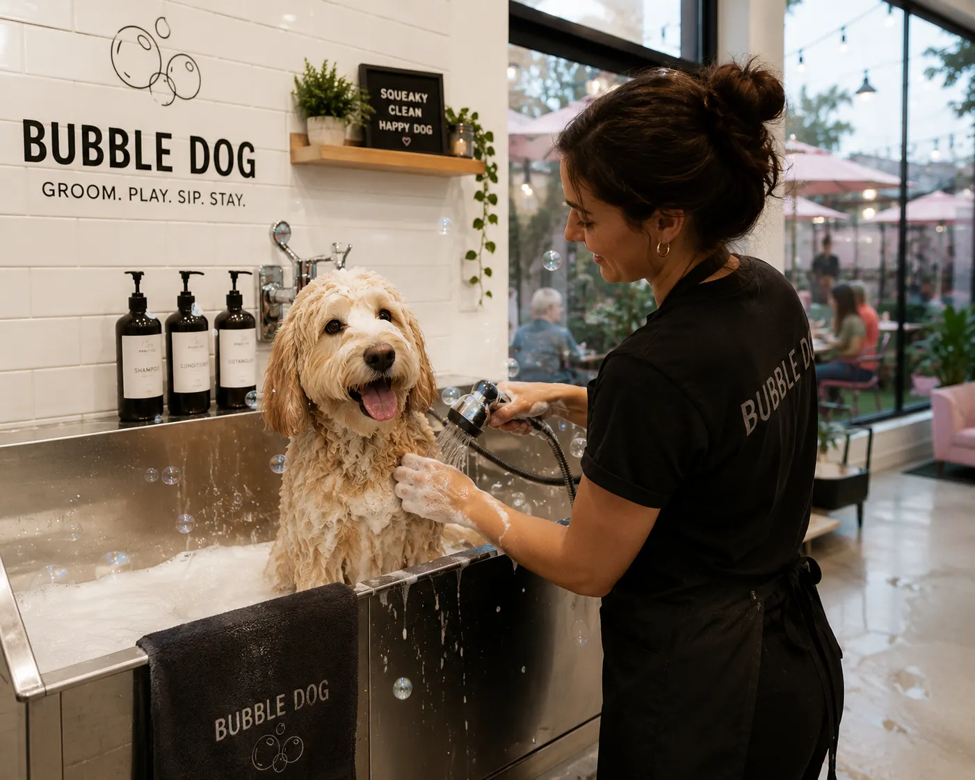 A happy doodle getting a warm bubble bath in the Bubble Dog salon